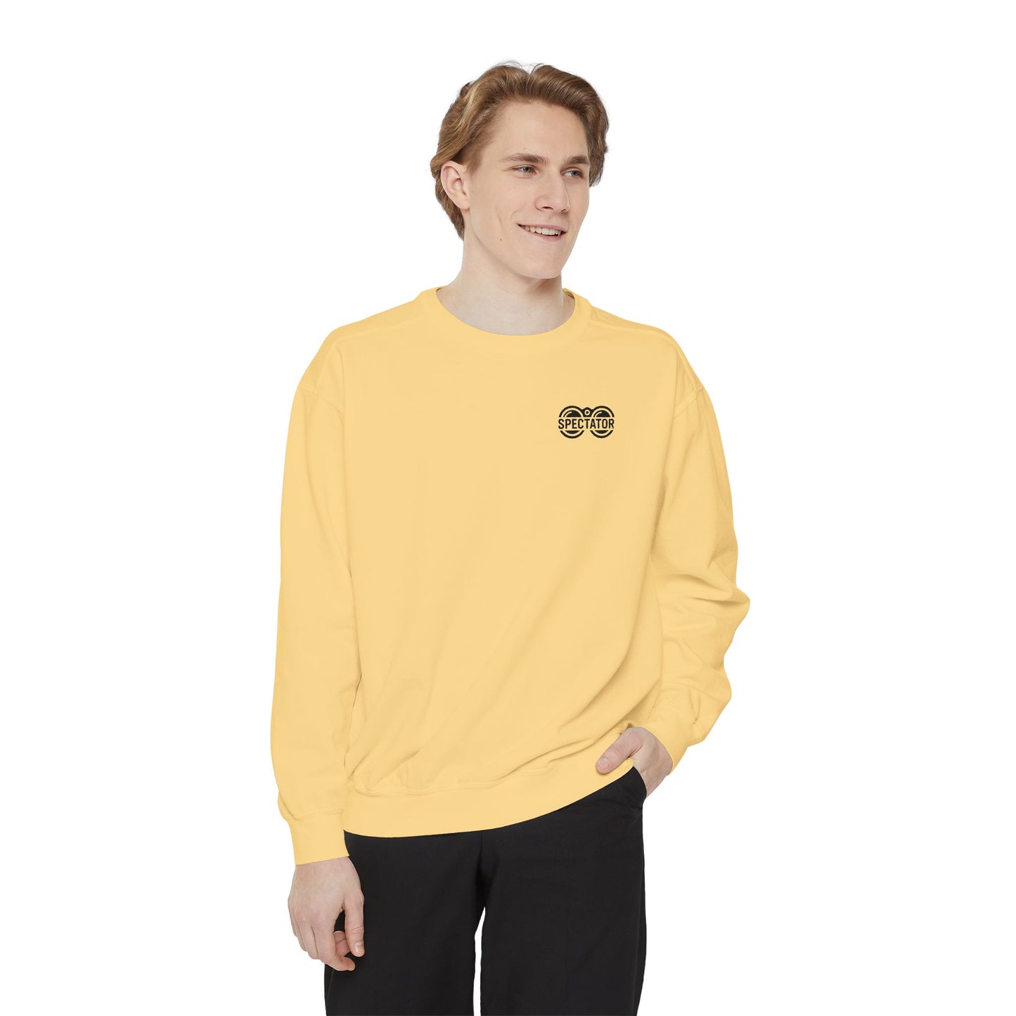 Spectator Unisex Garment-Dyed Sweatshirt | A Visual Manifesto for the Modern Observer. “THE ART OF WATCHING.” It’s a Tribute to Presence, Perception, and the Quiet Power of those who see more than they say. Embrace the Spectator in you
