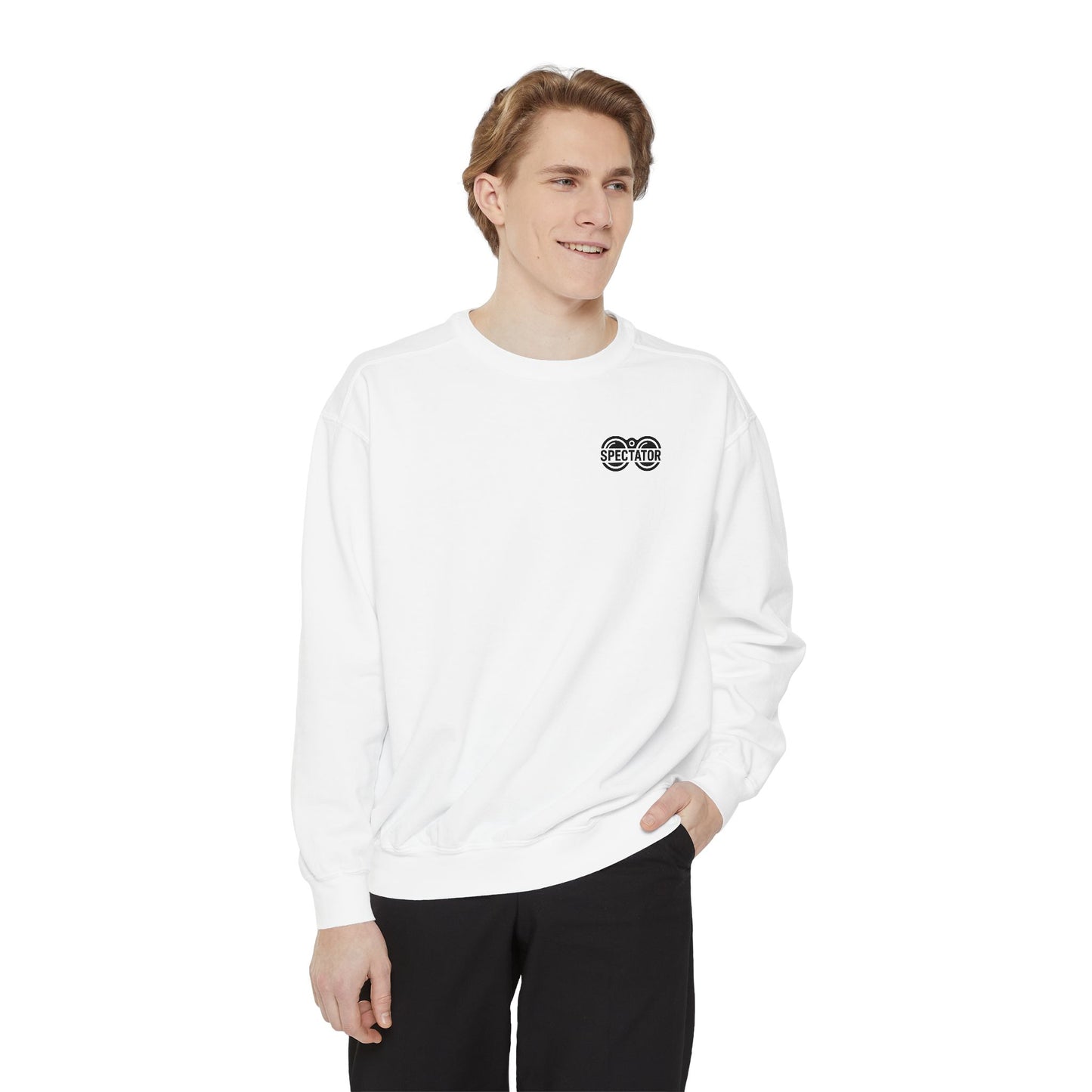 Spectator Unisex Garment-Dyed Sweatshirt | A Visual Manifesto for the Modern Observer. “THE ART OF WATCHING.” It’s a Tribute to Presence, Perception, and the Quiet Power of those who see more than they say. Embrace the Spectator in you